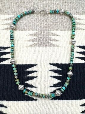 Handmade Sterling Silver Natural Turquoise Heishi Beaded Necklace